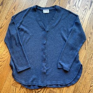 Navy waffle v-neck buttons-all-the-way-down top